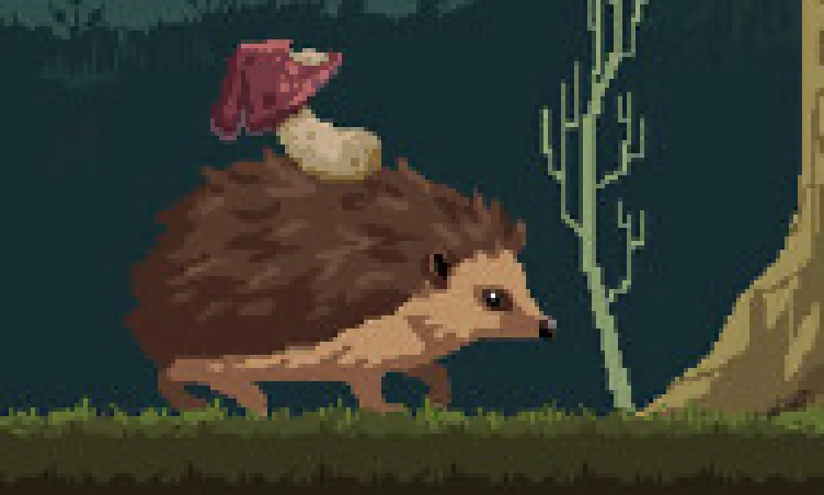 Pixel close-up of a brown Mycelarium hedgehog with a small red mushroom on its back beside a tiny green plant