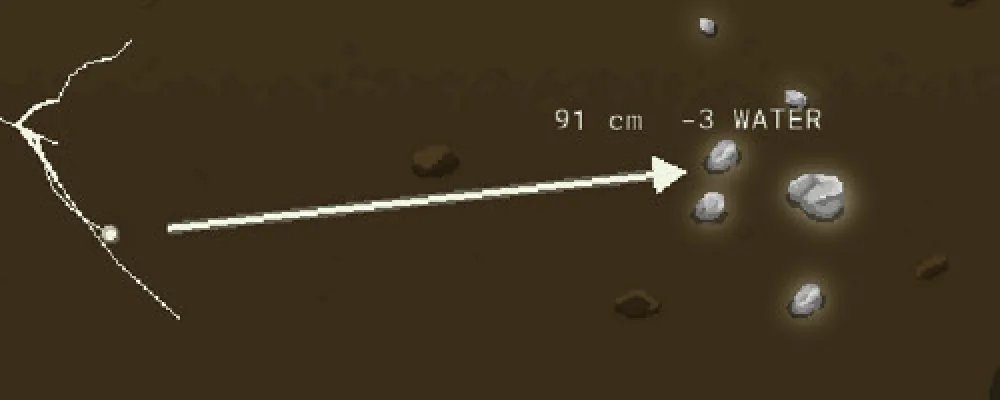 Aiming arrow in Mycelarium with a label reading 91 cm and minus 3 water next to a cluster of stones