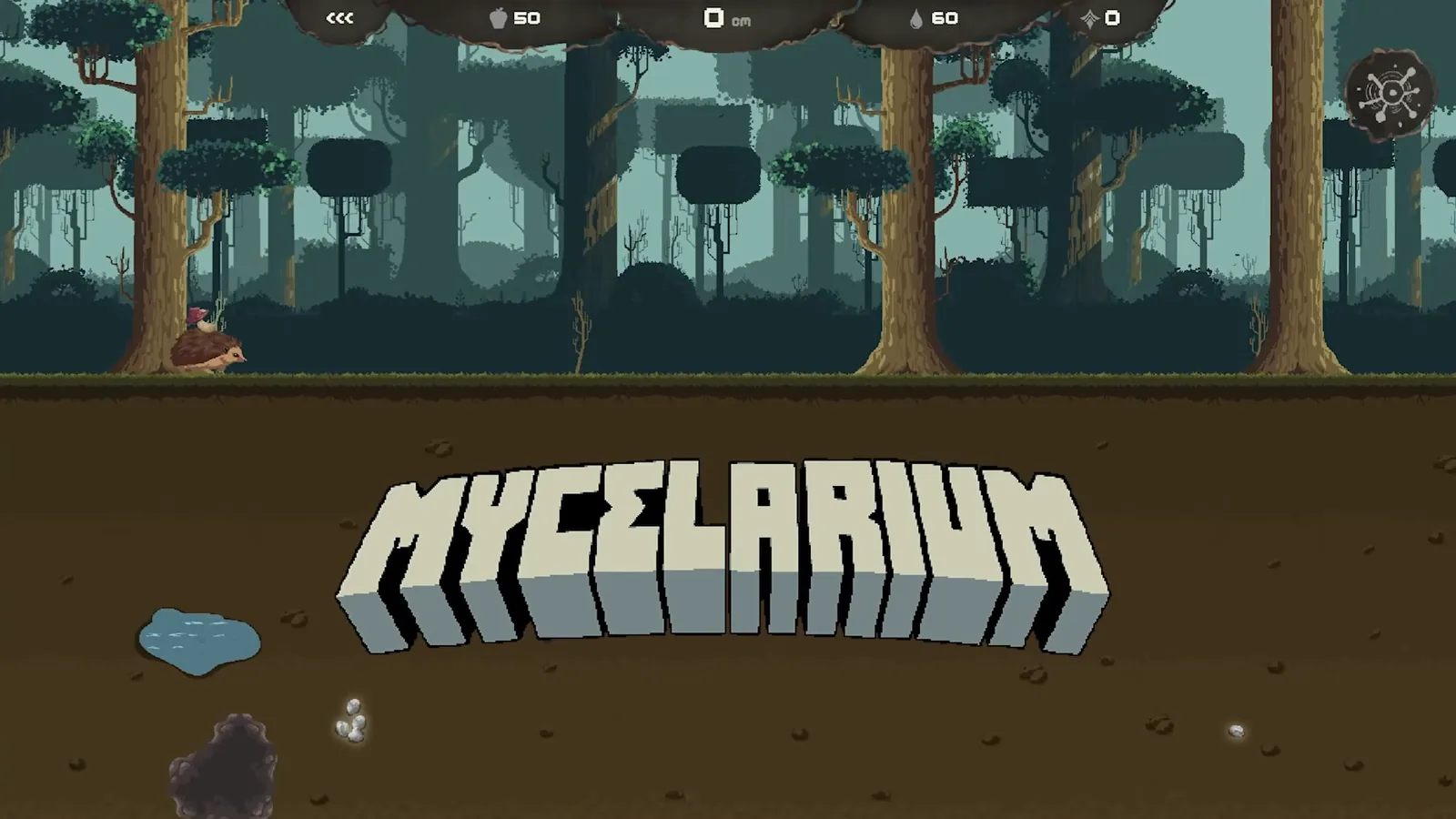 Mycelarium official trailer title card with block letters over a forest and soil scene and HUD at the top