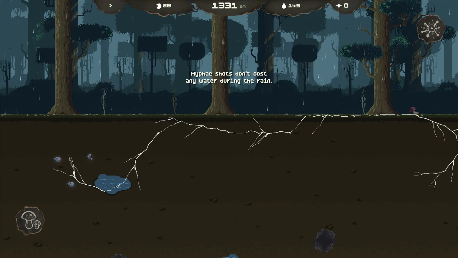 Rainy Mycelarium forest with tutorial text that hyphae shots cost no water during rain HUD 28 1331 cm 145 water 0 stars
