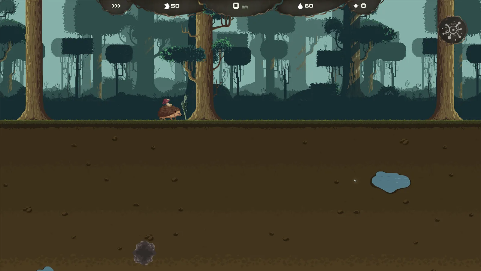 Mycelarium opening Steam screenshot with HUD 50 food, 0 cm distance, 60 water, 0 stars, forest surface, hedgehog carrying a small mushroom, and underground water pocket